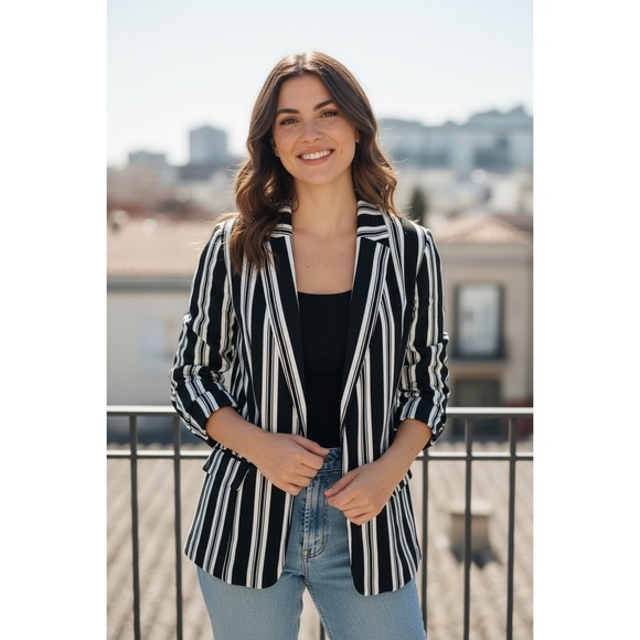 Philosophy Republic Clothing Blazer Size 6 Black Ivory Stripe Career Chic NWT - Picture 1 of 9